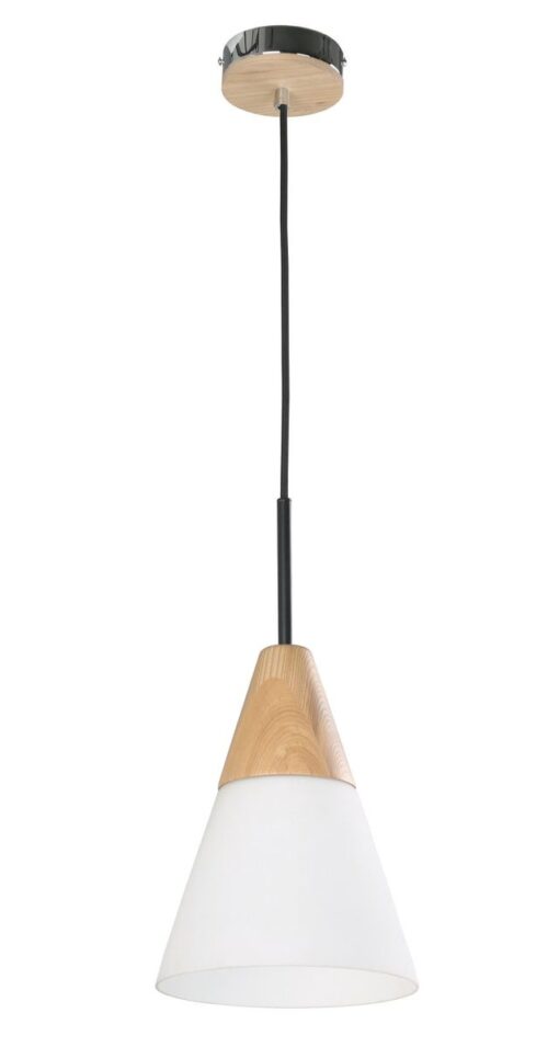 CLA PENDANT ES Opal glass MED CONE w/wood highlights OD195mm | FINN3